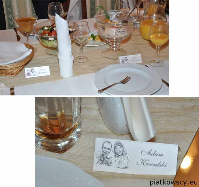 przykładowe wykorzystanie karykatury na winietki na stół weselny